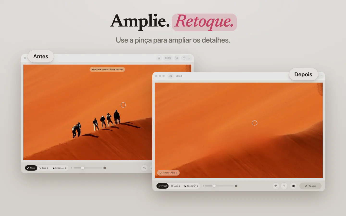 Uma foto de caminhantes numa duna laranja antes e depois de o Mend apagá-los