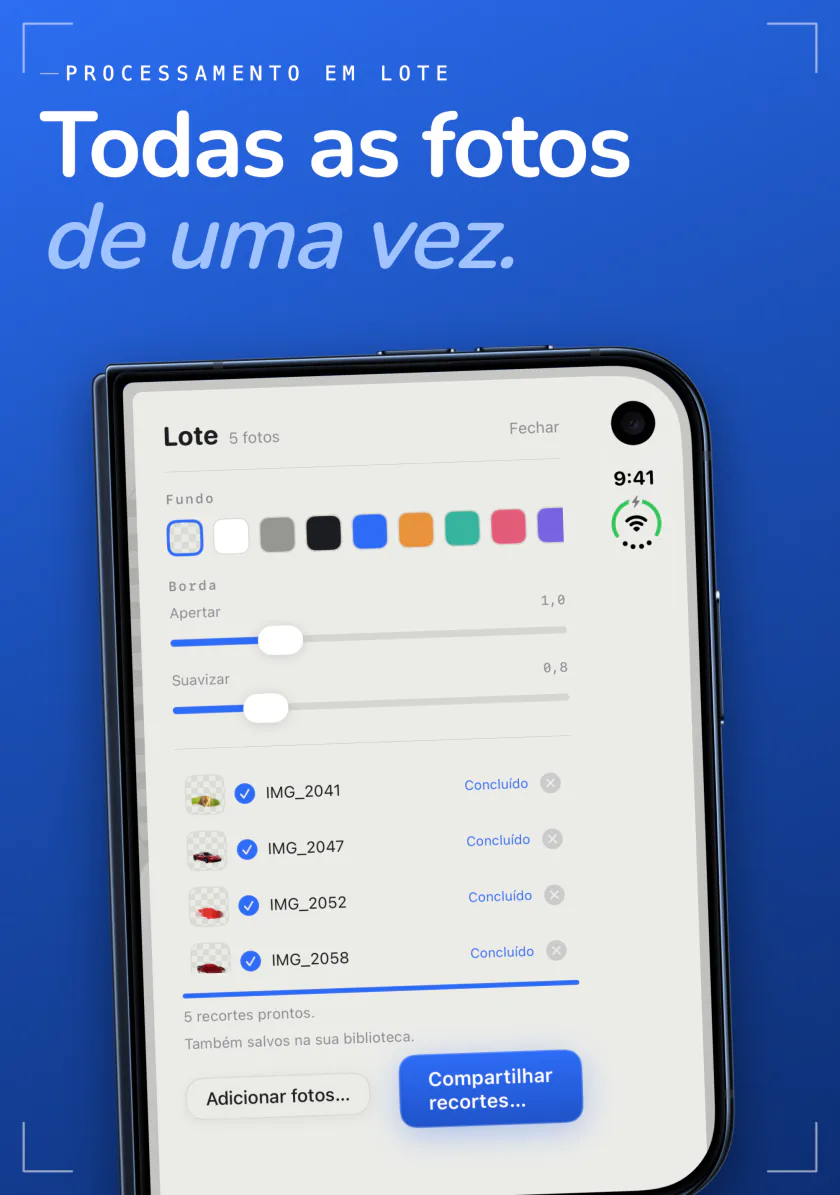 O processamento em lote do Sweep no iPhone com cinco fotos recortadas de uma vez