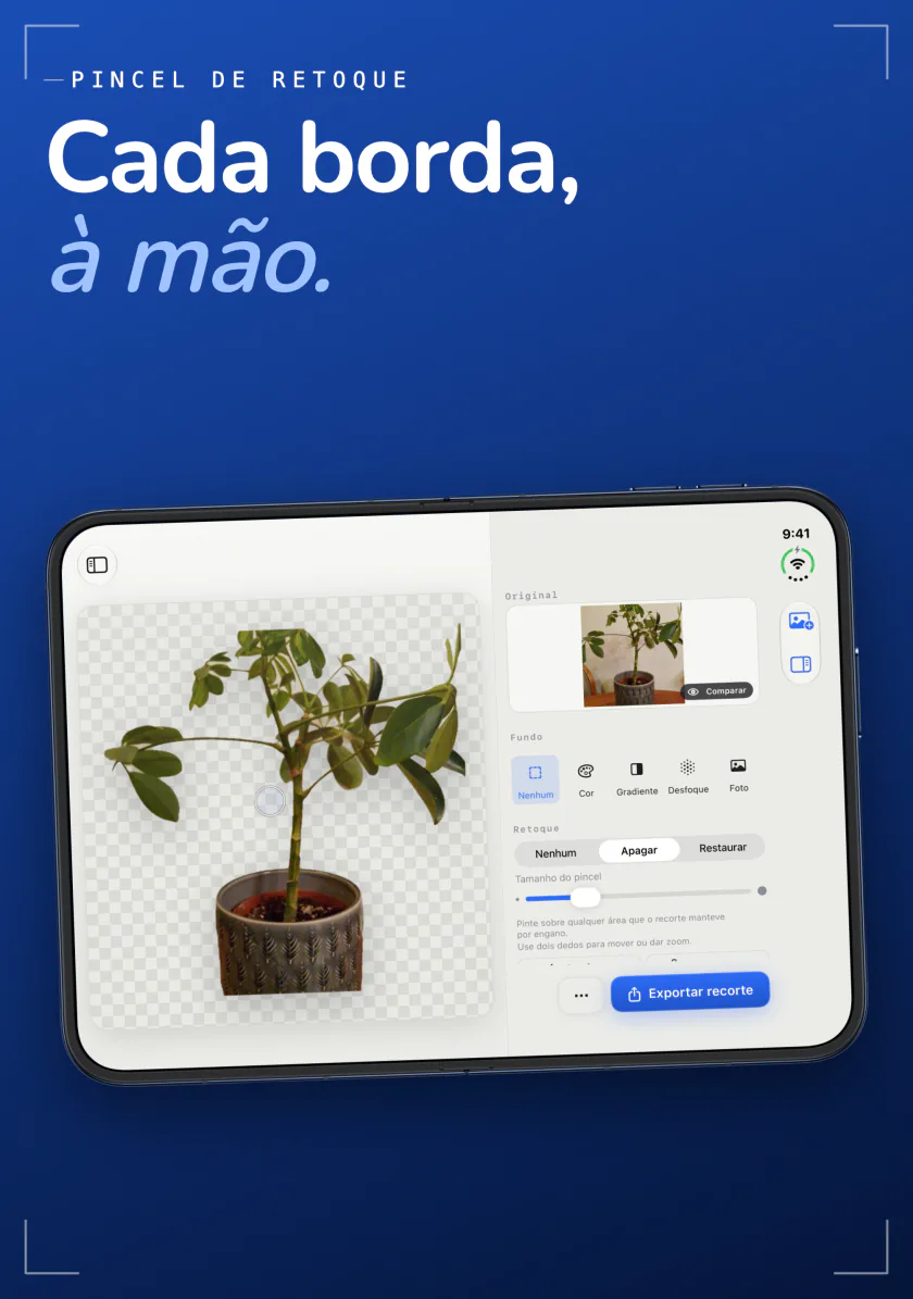 O pincel de retoque do Sweep no iPhone com os modos Apagar e Restaurar, limpando a borda de uma planta em vaso