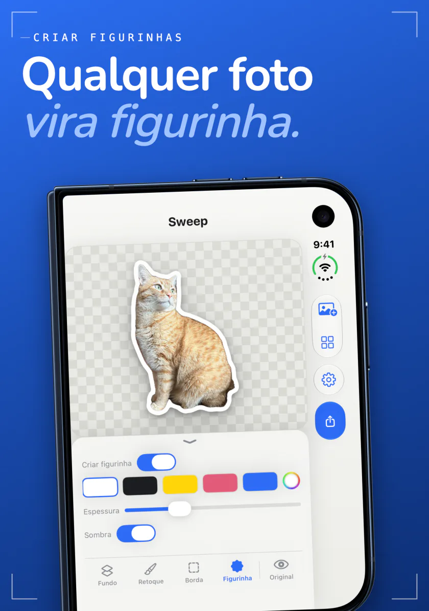 O criador de figurinhas do Sweep no iPhone transformando um gato em uma figurinha com contorno branco