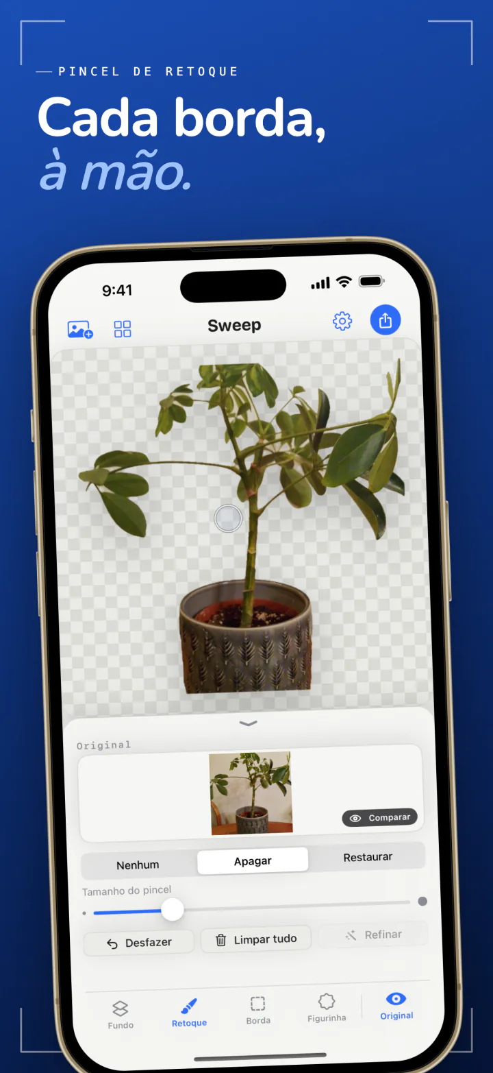O pincel de retoque do Sweep no iPhone com os modos Apagar e Restaurar, limpando a borda de uma planta em vaso