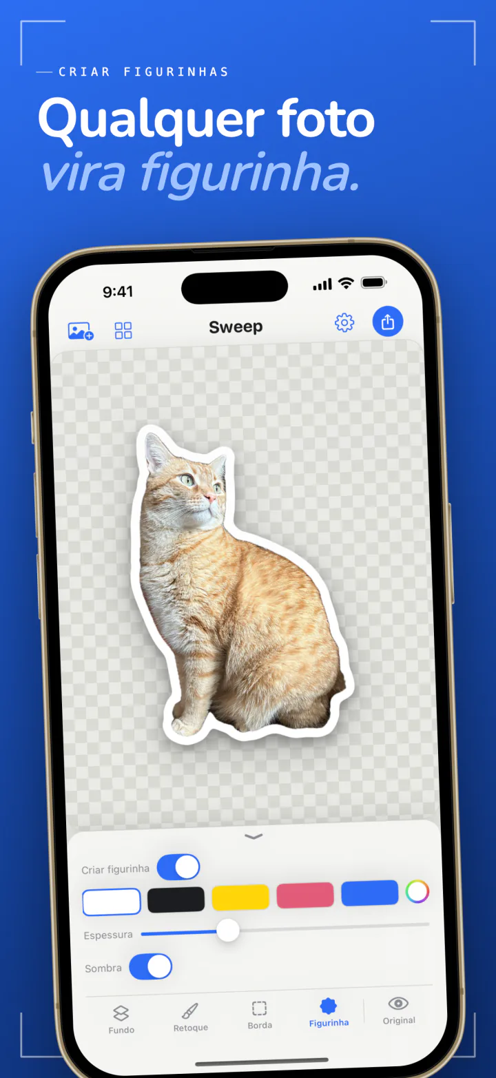 O criador de figurinhas do Sweep no iPhone transformando um gato em uma figurinha com contorno branco