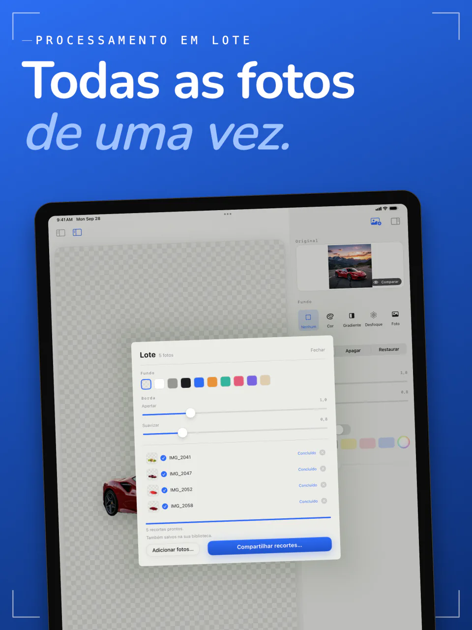 O processamento em lote do Sweep no iPad com cinco fotos recortadas de uma vez