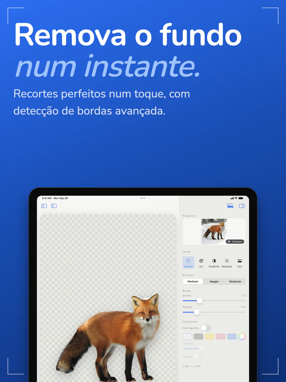 Sweep no iPad mostrando uma raposa recortada da foto sobre um fundo transparente