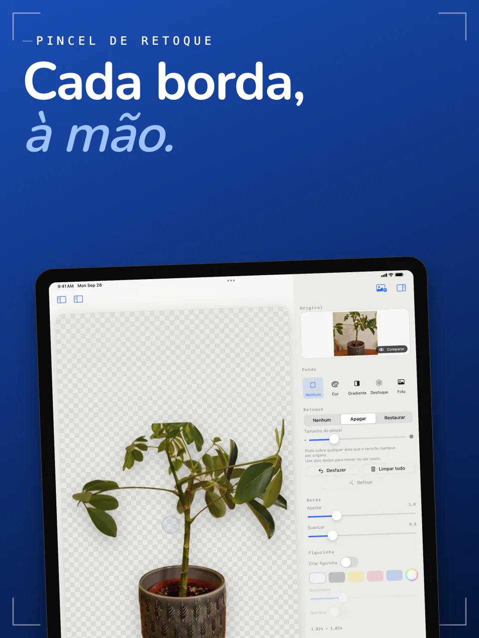 O pincel de retoque do Sweep no iPad com os modos Apagar e Restaurar, limpando a borda de uma planta em vaso