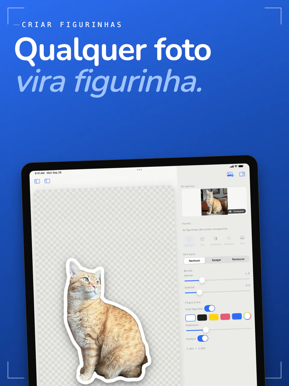O criador de figurinhas do Sweep no iPad transformando um gato em uma figurinha com contorno branco