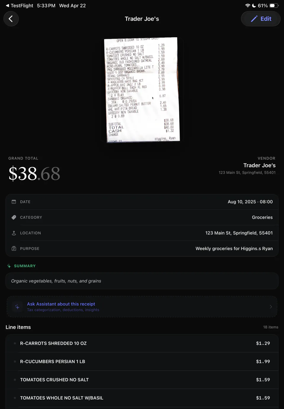A scanned grocery receipt on iPad with its total, vendor, date, and line items