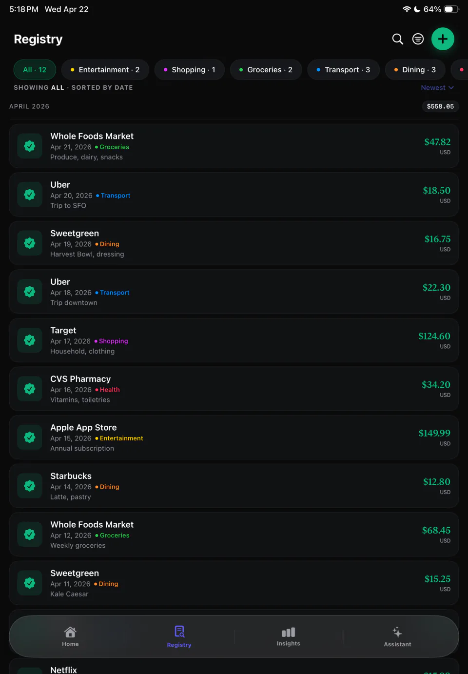 The SpendSnap registry on iPad listing receipts by date with categories and amounts