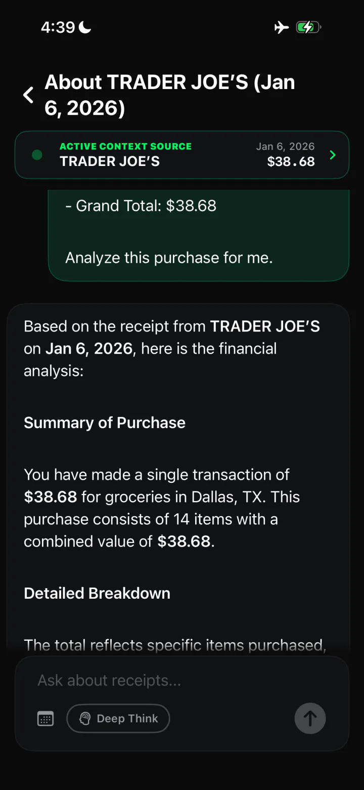 The SpendSnap assistant on iPhone analyzing a grocery purchase