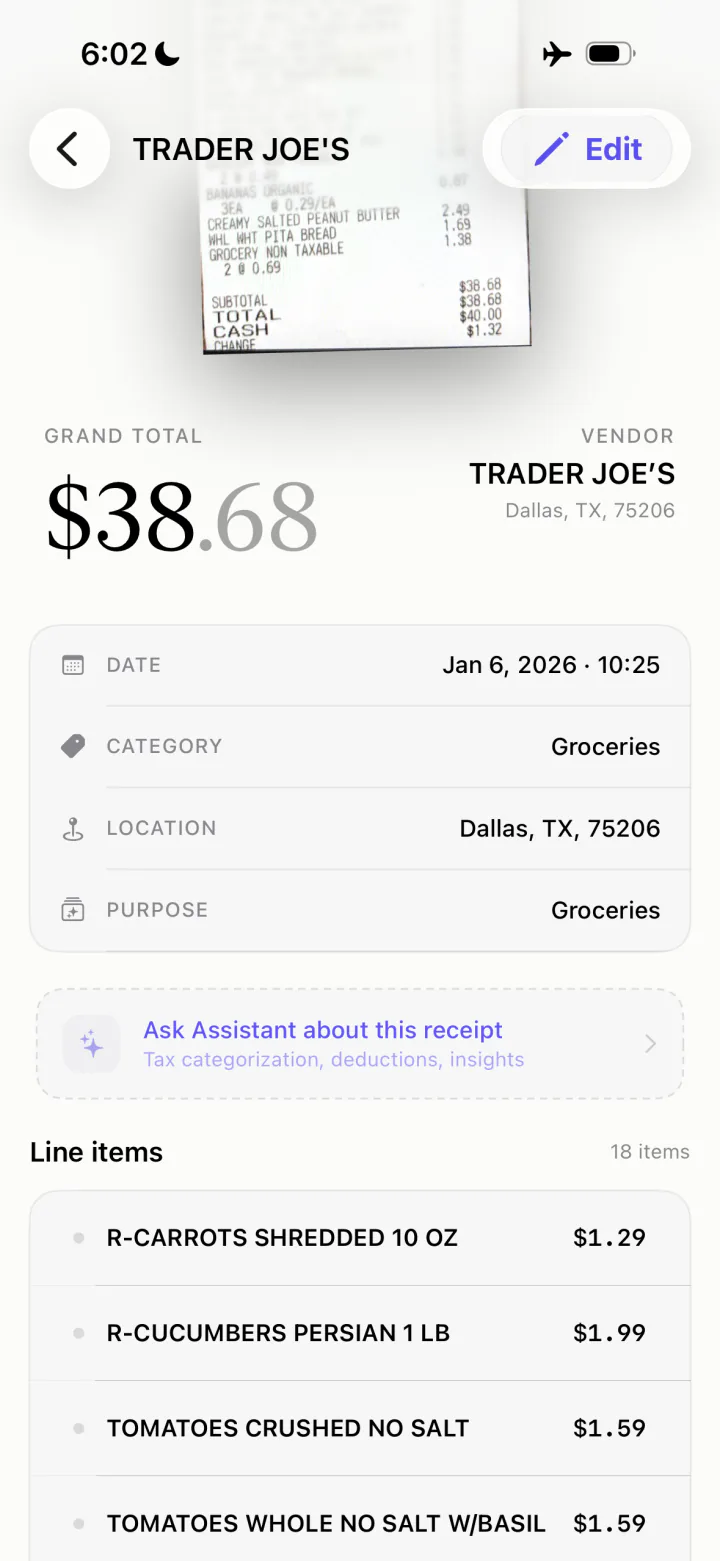 A scanned grocery receipt in SpendSnap on iPhone with its total, vendor, date and line items