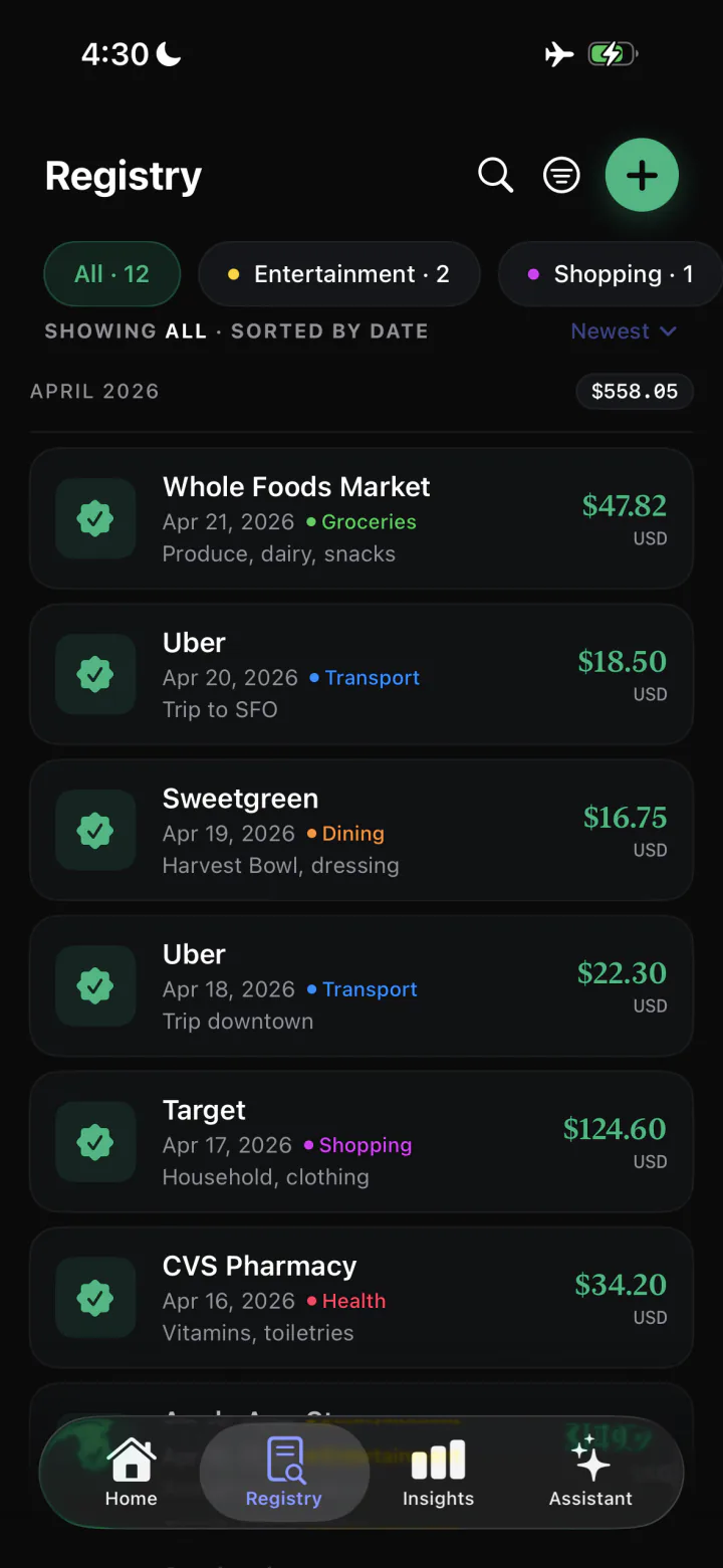 The SpendSnap registry on iPhone listing receipts by date with categories and amounts