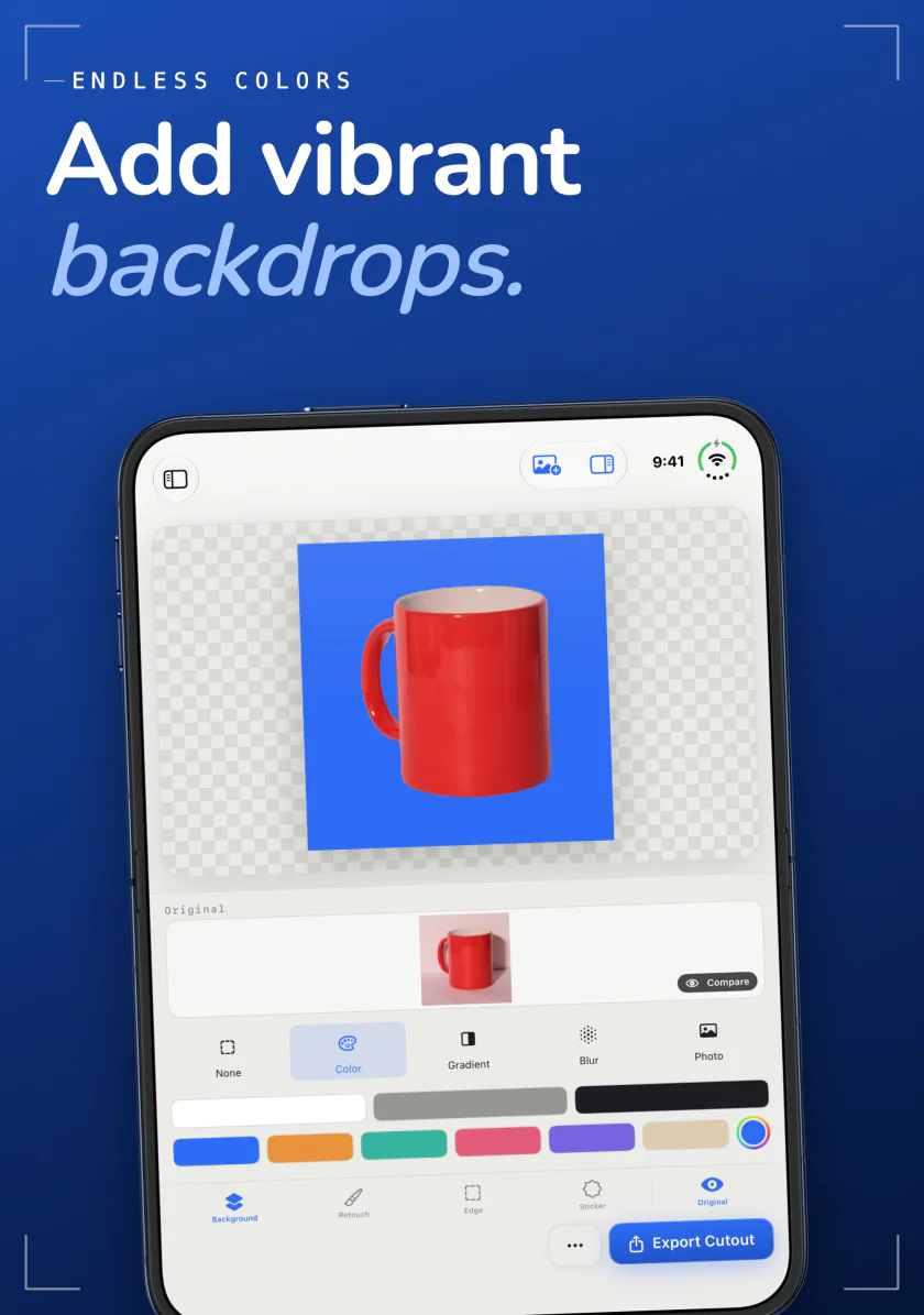 Sweep on iPhone placing a red mug on a solid blue background, with a row of color swatches