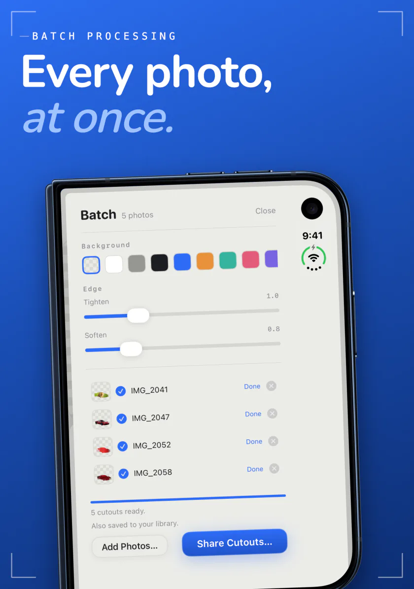 Sweep batch processing on iPhone with five photos cut out in one run