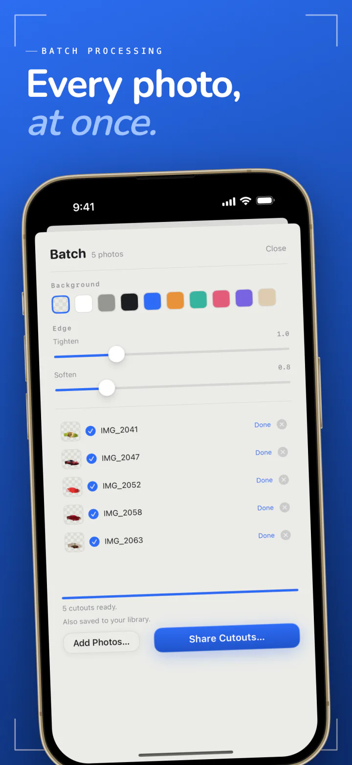 Sweep batch processing on iPhone with five photos cut out in one run