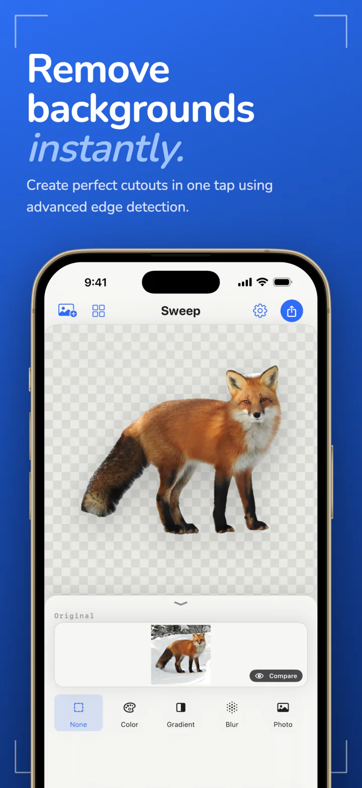 Sweep on iPhone showing a fox cut out of its photo on a transparent background