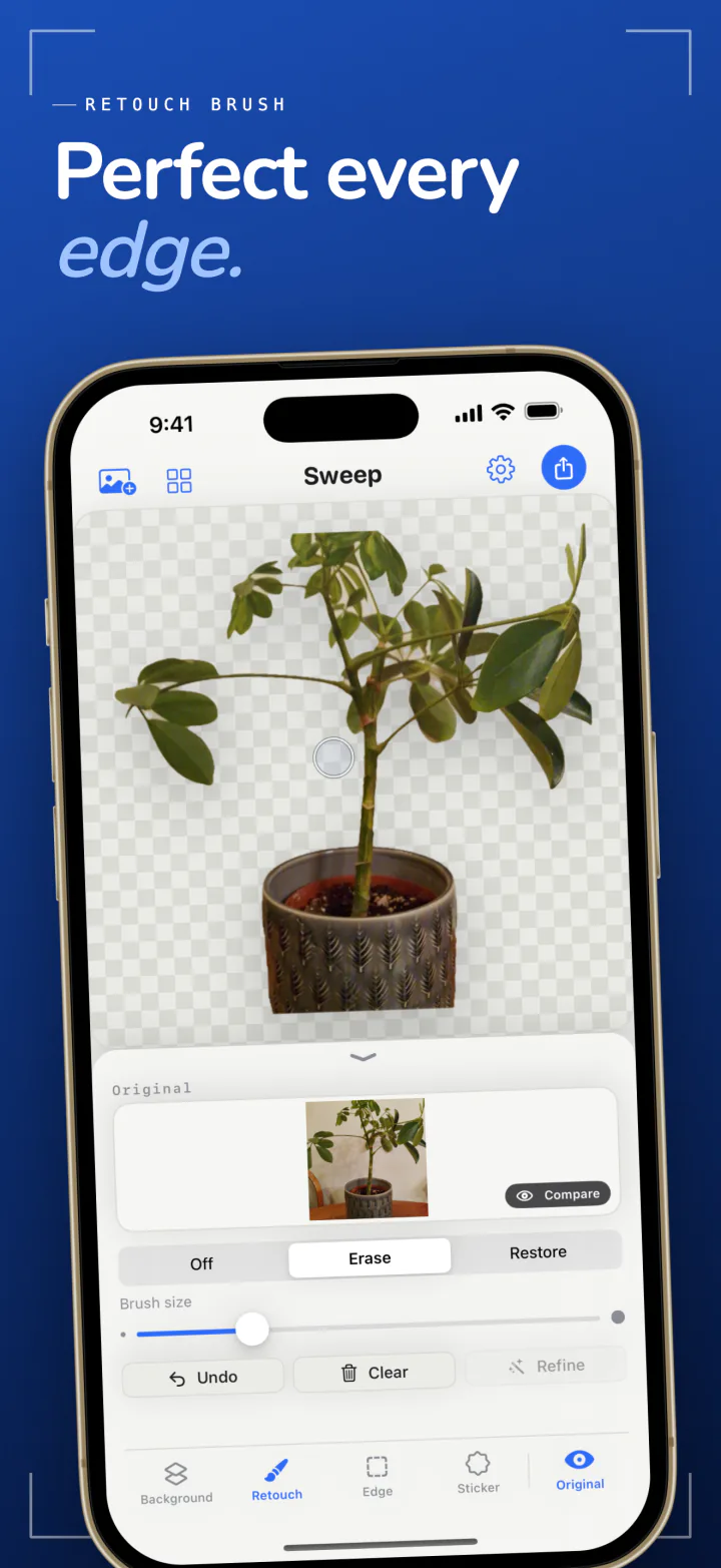 Sweep retouch brush on iPhone with Erase and Restore modes, cleaning the edge of a potted plant