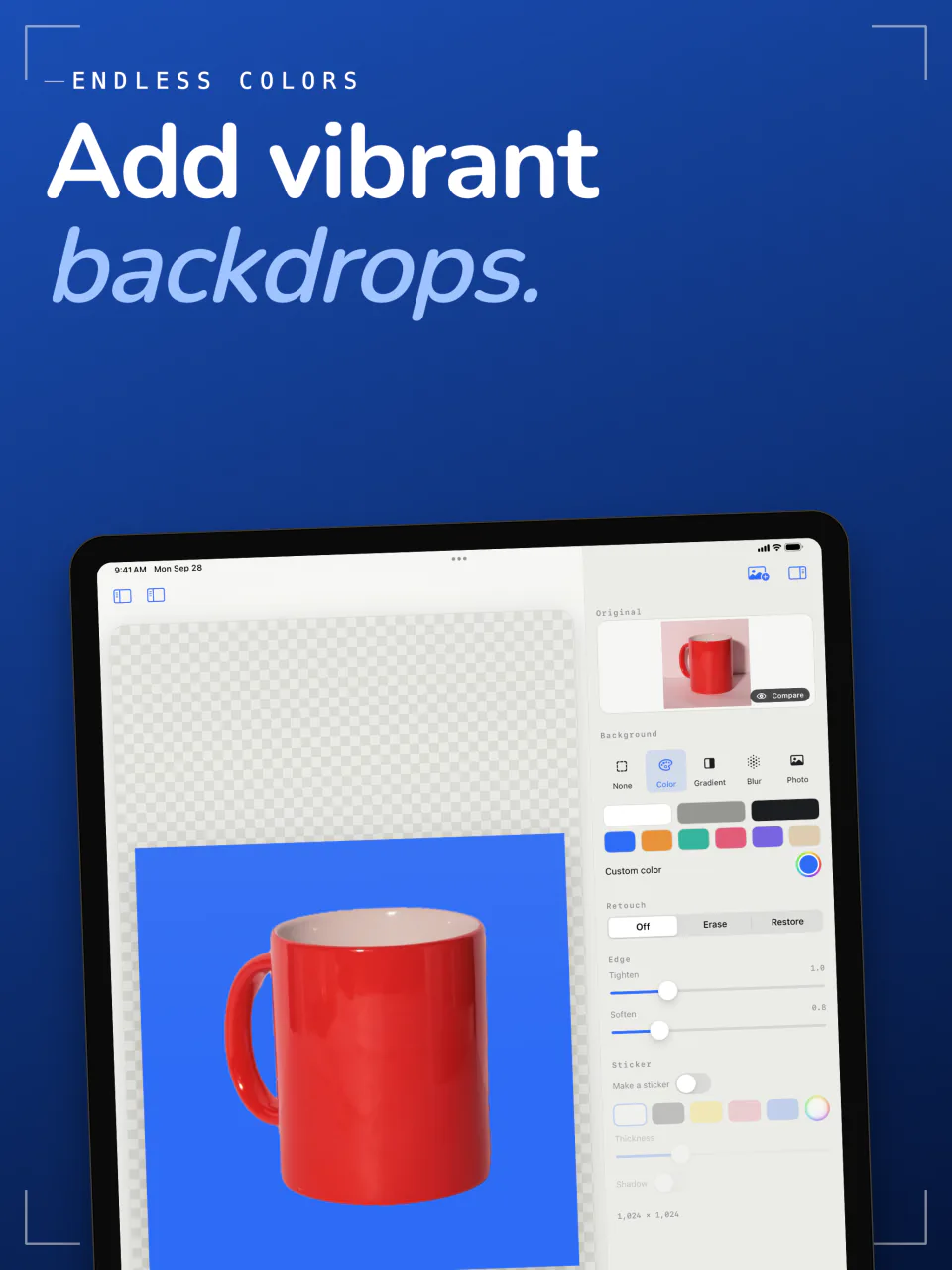 Sweep on iPad placing a red mug on a solid blue background, with a row of color swatches