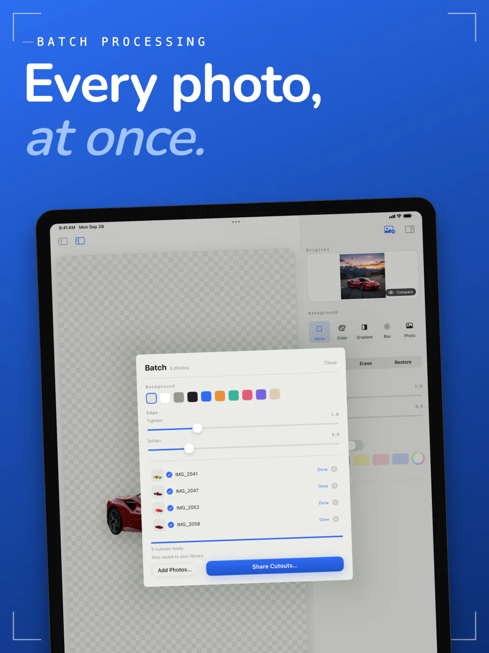Sweep batch processing on iPad with five photos cut out in one run