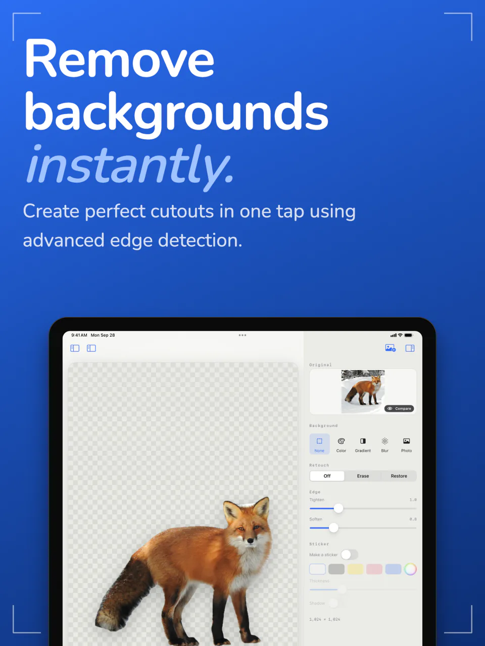 Sweep on iPad showing a fox cut out of its photo on a transparent background