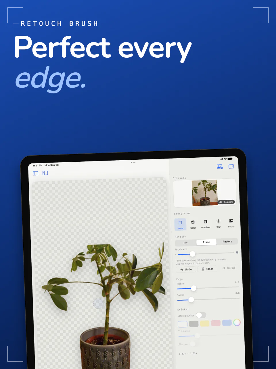 Sweep retouch brush on iPad with Erase and Restore modes, cleaning the edge of a potted plant