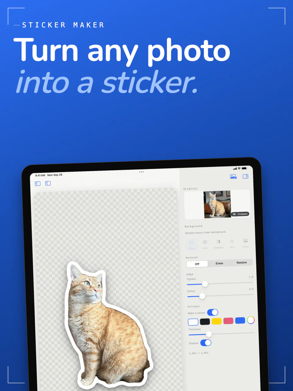 Sweep sticker maker on iPad turning a cat into a sticker with a white outline