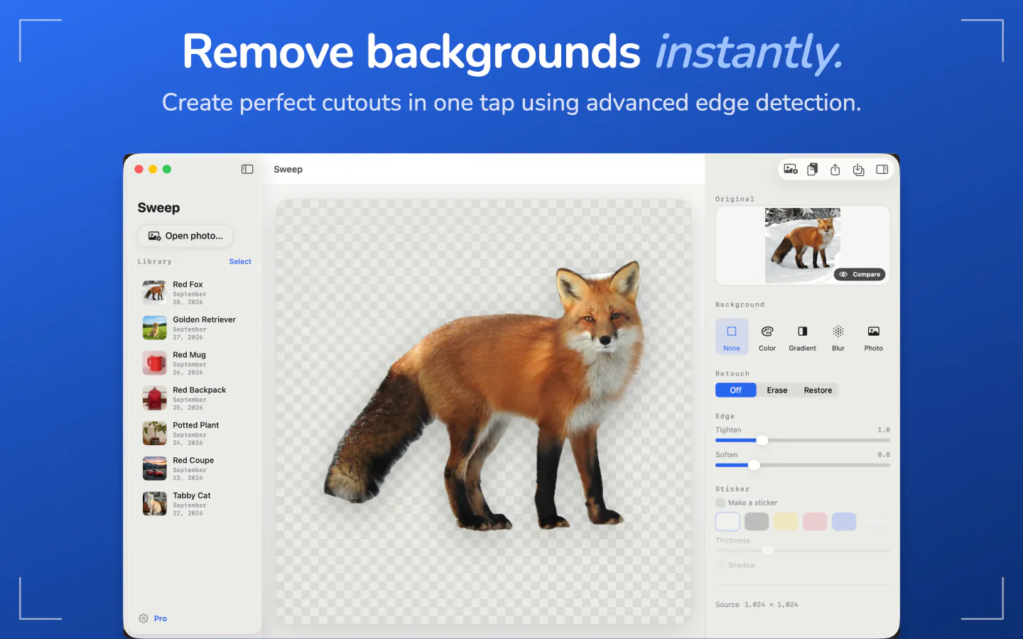 Sweep on Mac showing a fox cut out on a transparent background, with the library on the left and controls on the right