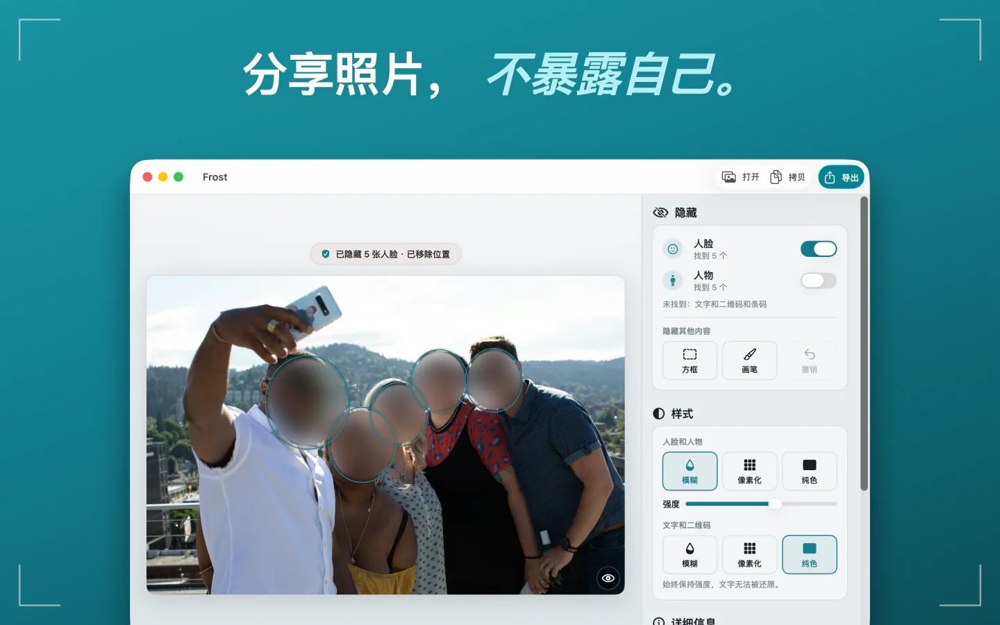 Mac 上的 Frost：一张合影，人脸已模糊，位置信息已移除