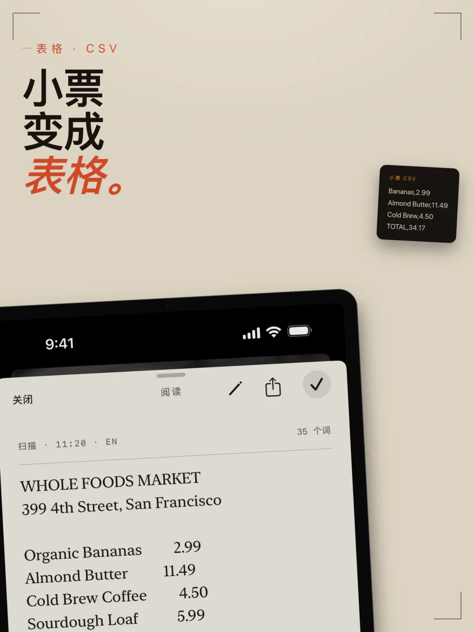 iPad 上的 LiveScan 拍下的一张超市小票，被重建成行和列以便导出为 CSV