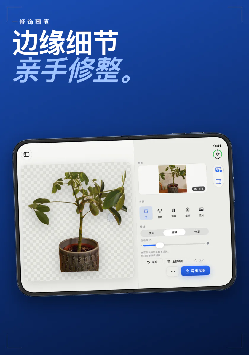 iPhone 上的 Sweep 修饰画笔，使用擦除和恢复模式清理盆栽的边缘