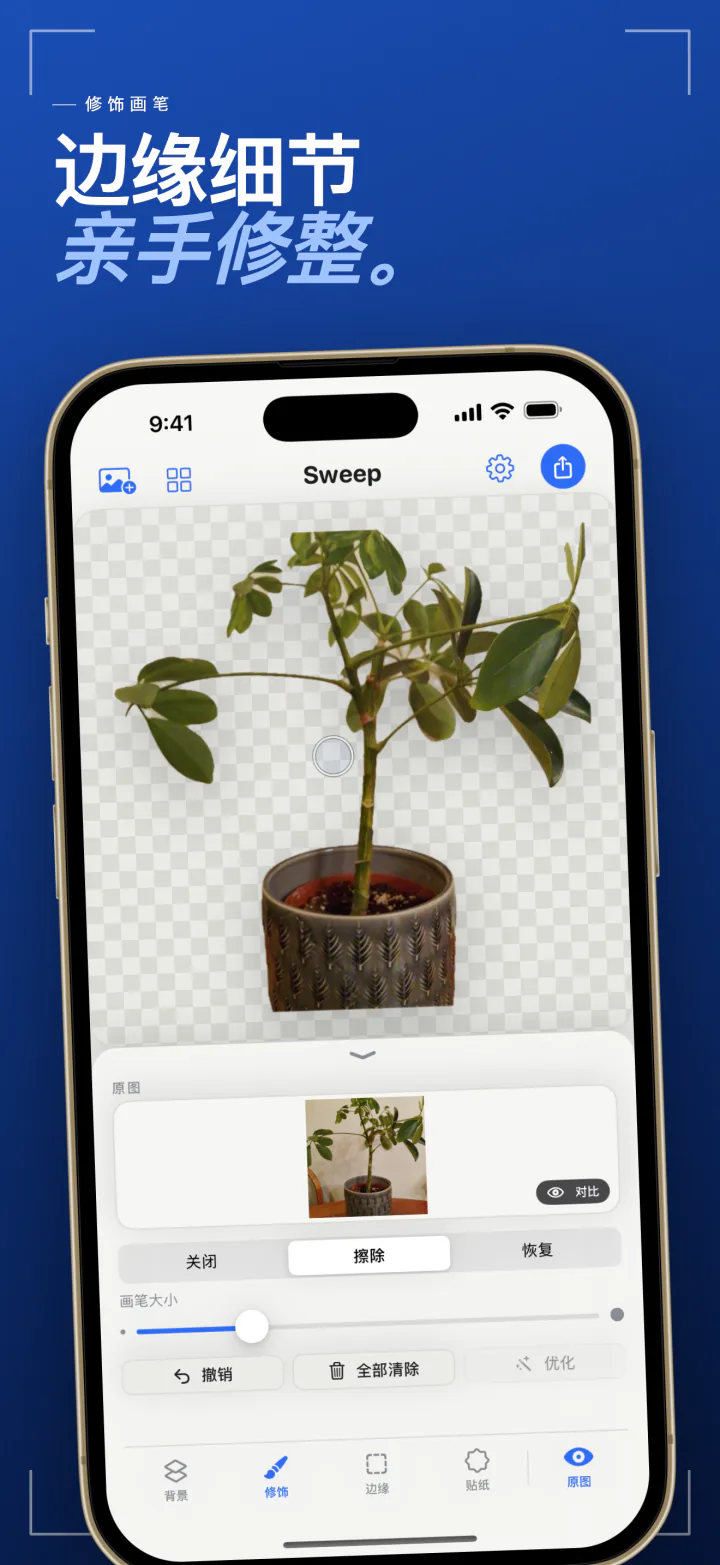 iPhone 上的 Sweep 修饰画笔，使用擦除和恢复模式清理盆栽的边缘