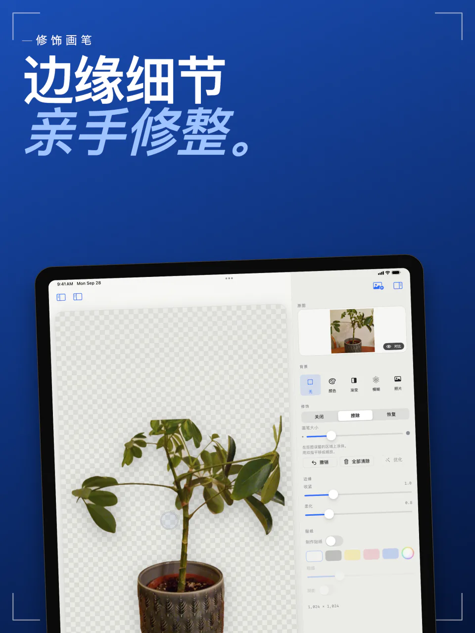 iPad 上的 Sweep 修饰画笔，使用擦除和恢复模式清理盆栽的边缘